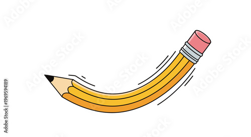Fun cartoon style illustration of a yellow pencil bent into a curved shape with motion lines suggesting speed or flexibility.