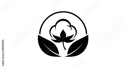 Minimalist Black Cotton Plant Icon with Leaves