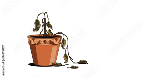 Sad illustration of a wilted or dead plant in a terracotta pot with fallen brown leaves and a Greek key pattern border.