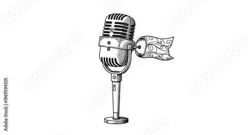 Vintage style microphone illustration with artistic flowing patterns, ideal for podcasting, broadcasting, and musical performance themes.