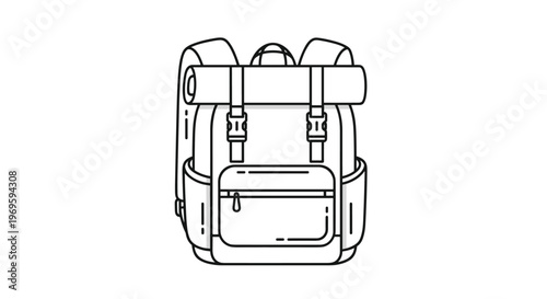 Minimalist line art of a rugged outdoor hiking backpack with a sleeping mat attached, essential gear for trekking and wilderness adventures.
