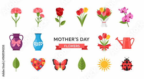 Colorful flowers and Mothers Day icons.