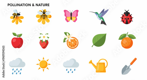 Colorful icons of pollination and nature.
