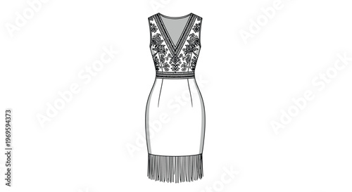 Elegant sleeveless V-neck dress sketch with floral embroidery on the bodice and a stylish fringe hem, fashion design illustration on white.