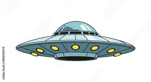 Classic blue UFO flying saucer with yellow lights and a glass dome cockpit, iconic alien spacecraft design isolated on a white background.