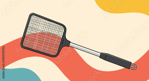 Close-up of a standard fly swatter with a black frame and mesh screen, set against a vibrant abstract background for home pest control.