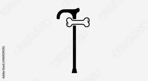 Black Cane with Attached Dog Bone on White Background