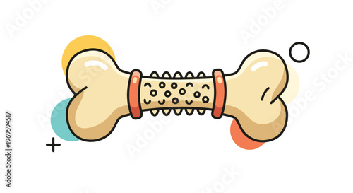 Stylized dog bone chew toy with a textured center and orange rings, fun pet accessory isolated on white with decorative abstract elements.