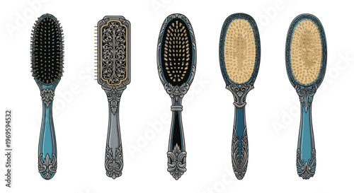 Collection of five antique hair brushes with ornate silver handles and various bristle shapes, presented in an elegant line art illustration.