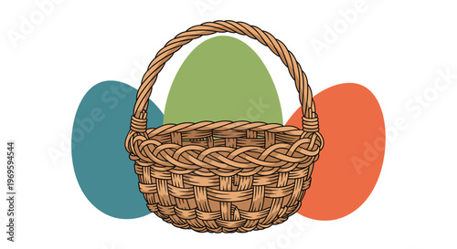 Woven wicker basket for Easter eggs with three large colorful eggs in the background, festive symbol for holiday celebrations and decor.
