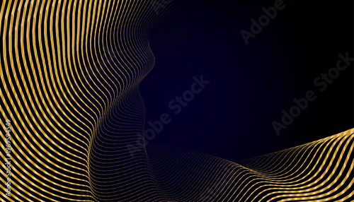 高級感のあるゴールドラインが流れる立体的な抽象ウェーブ背景と深いネイビーカラーのラグジュアリーデザイン素材