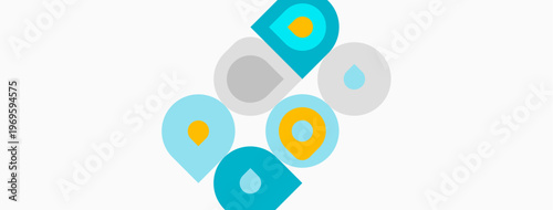 Abstract design features overlapping circles, gray, blue, yellow hues. Minimalist composition with white background, simple shapes. Modern aesthetic.