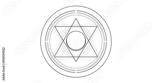 Intricate sacred geometry symbol with a hexagram star inside concentric circles, detailed mystical line work isolated on a white background.