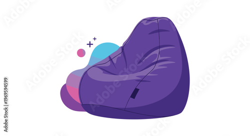 Purple bean bag chair with soft fabric creases and a comfortable shape, isolated on white with abstract colorful background accents.