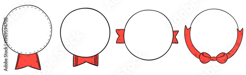 赤いリボン付きのメダルバッジフレームセット・賞状やランキング表示に使えるシンプル手描き風円形ラベル装飾イラスト素材