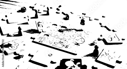 Jigsaw puzzle pieces scattered with a partially assembled puzzle in the center, rendered in a graphic black and white style.