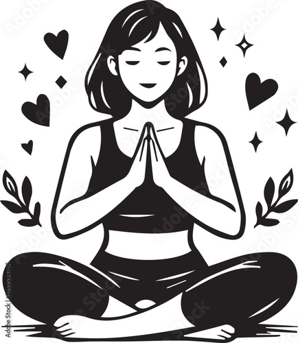 A woman sitting in a yoga pose with hearts and stars