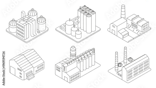 Isometric Industrial Factory with Storage Silos – Manufacturing Facility Line Vector Set