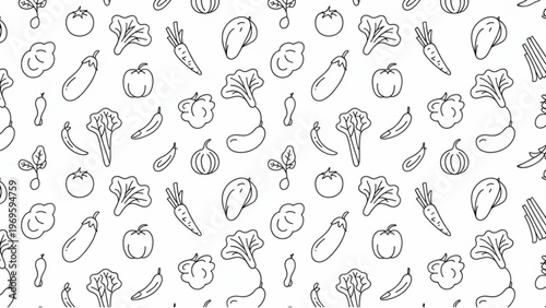 Fresh Vegetables Seamless Pattern – Organic Food Line Art Background Collection