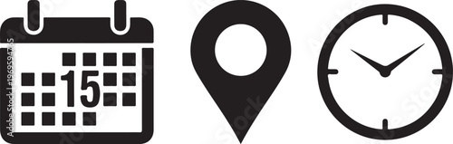 Black and white calendar date pin and clock for time location and scheduling