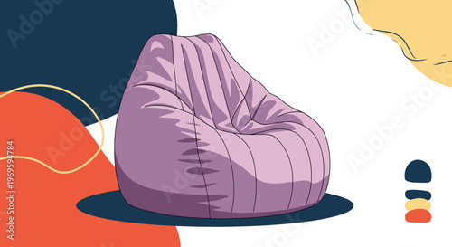 Soft purple bean bag chair with a comfortable design, set against a minimalist background with abstract shapes in navy, orange and yellow.