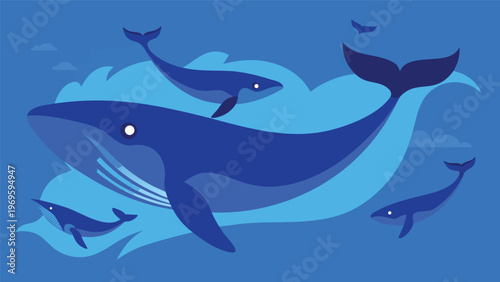 Whales swim in ocean depths with blue water and clouds in the background during bright daylight