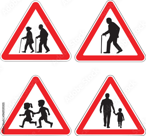 Traffic Warning Signs Set Pedestrian Crossing Elderly People Children Running And Family Walking Symbols For Safety