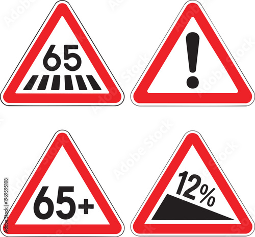 Traffic Warning Signs Set Speed Limit Pedestrian Crossing General Danger Age Restriction And Steep Gradient Symbols