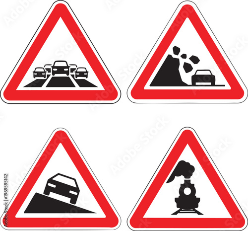 Traffic Warning Signs Set Traffic Jam Falling Rocks Steep Slope And Train Crossing Symbols For Driving Safety Awareness