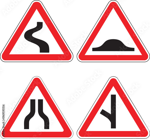 Traffic Warning Signs Set Winding Road Speed Bump Narrow Road And Side Road Symbols For Driving Safety Awareness