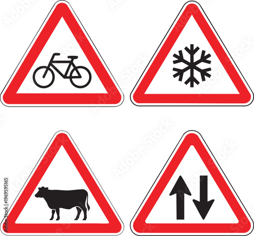 Traffic Warning Signs Set Bicycle Snow Cow And Two Way Road Symbols For Safety Awareness And Driving Guidance