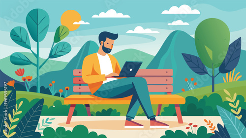 Person sits on a bench using a laptop in a park surrounded by trees, flowers, and mountains during daytime