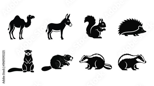 A collection of various animal silhouettes including a camel donkey squirrel and hedgehog presented in black tones silhouette high quality professional