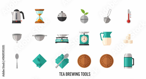 Tea brewing tools and equipment collection.
