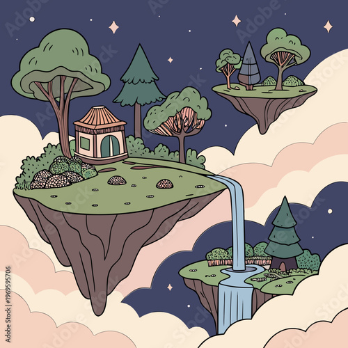A floating island with a house and trees under a starry night sky