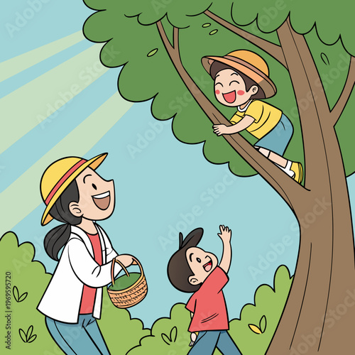 A woman and two children picking fruit from a tree