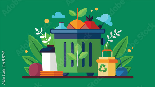 Garbage can with recycling symbols and various waste materials is shown against a green background with plants around