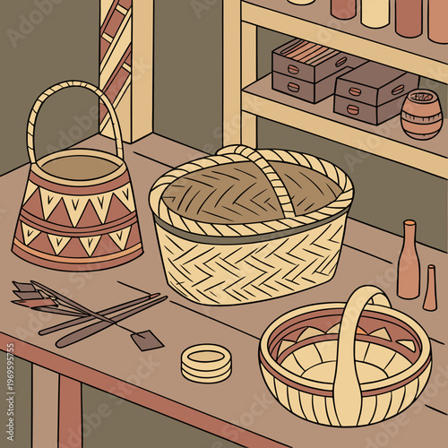 A table with baskets and pottery on it