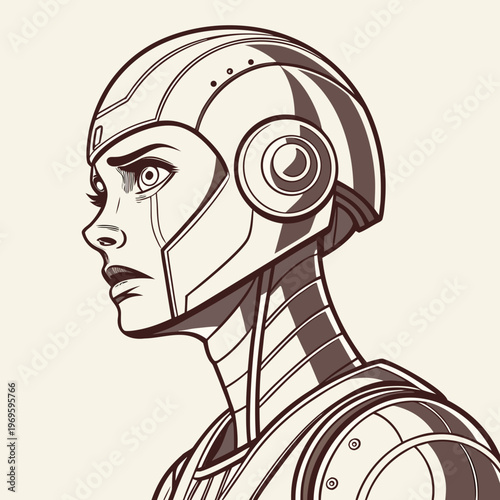 A robotic woman with a futuristic headset