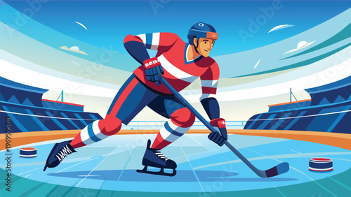 Hockey player skating on ice during a match in a large arena with a blue sky overhead and colorful stands filled with fans