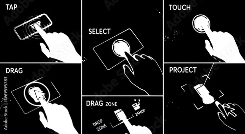 Touchscreen gestures set with tap, select, drag, and project actions featuring interface, interaction, digital with technology and smartphone