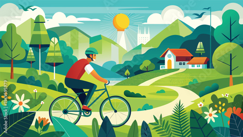 Bicyclist rides along a path through green hills and trees near a house on a sunny day in the countryside