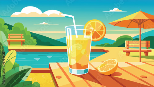 Refreshing drink sits near a pool in a sunny outdoor setting surrounded by greenery and wooden benches during the daytime