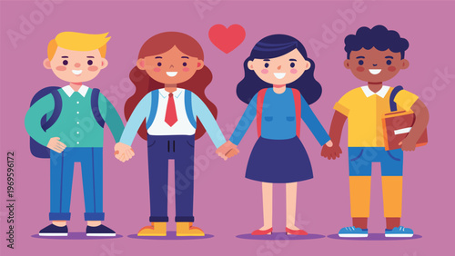 Friends holding hands in a colorful setting during a school day