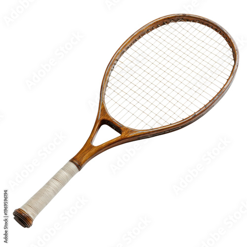Vintage wooden tennis racket, classic sports equipment with stringed head, retro racquet for sport decor and design isolated on Transparent Background