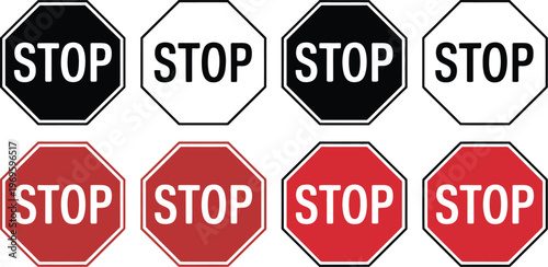 Stop sign icon set, vector collection of prohibition signs with different designs including universally recognized octagonal stop shape for traffic safety.