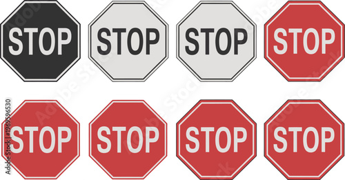 Stop sign icon set, vector collection of prohibition signs with different designs including universally recognized octagonal stop shape for traffic safety.