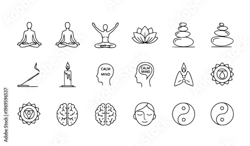 Meditation and yoga line icon set with zen, relaxation, inner peace, mindfulness editable stroke vector collection