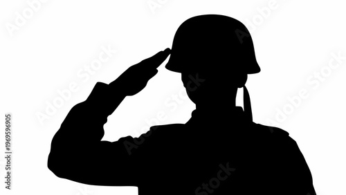 Solemn silhouette of a soldier in uniform saluting with hand raised to helmet symbolizing patriotism honor and military service against a clean white background conveying respect