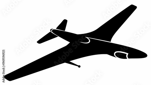Sleek black silhouette of a modern military fighter jet aircraft soaring through the sky depicted in a dynamic perspective with sharp lines and a minimalist aesthetic